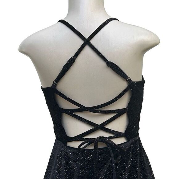 Love Squared Fit & Flare Cocktail Dress Womens Medium Black Strappy Back Sparkly - Picture 10 of 16